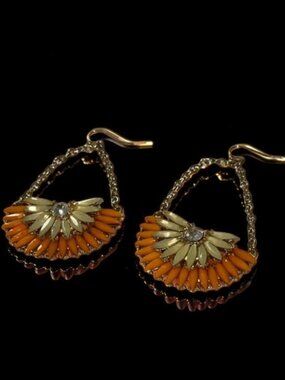 Vibrant Lime & Citrus Orange Beaded Fan Dangle Earrings with CZ Center 💎
